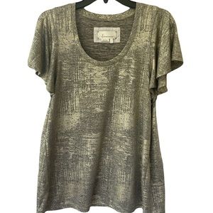 Anthropologie Gold Metallic Tee Flutter Sleeve Top Short Sleeve Large